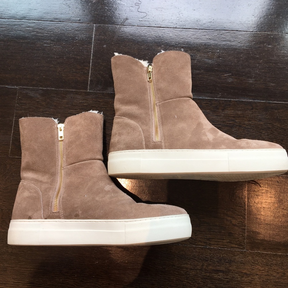 J Slides Tan Suede Booties with White Faux Fur Lining